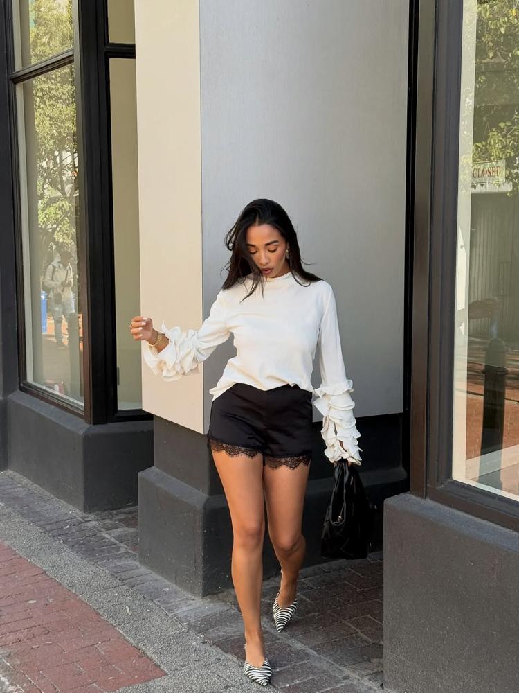 25 Black Lace Trim Shorts Outfits Image