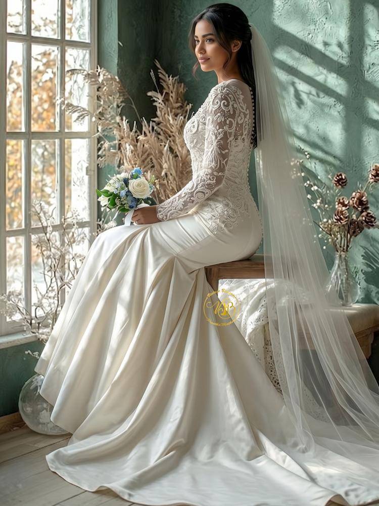 27 Satin Lace Pearl Wedding Dress Outfits Image