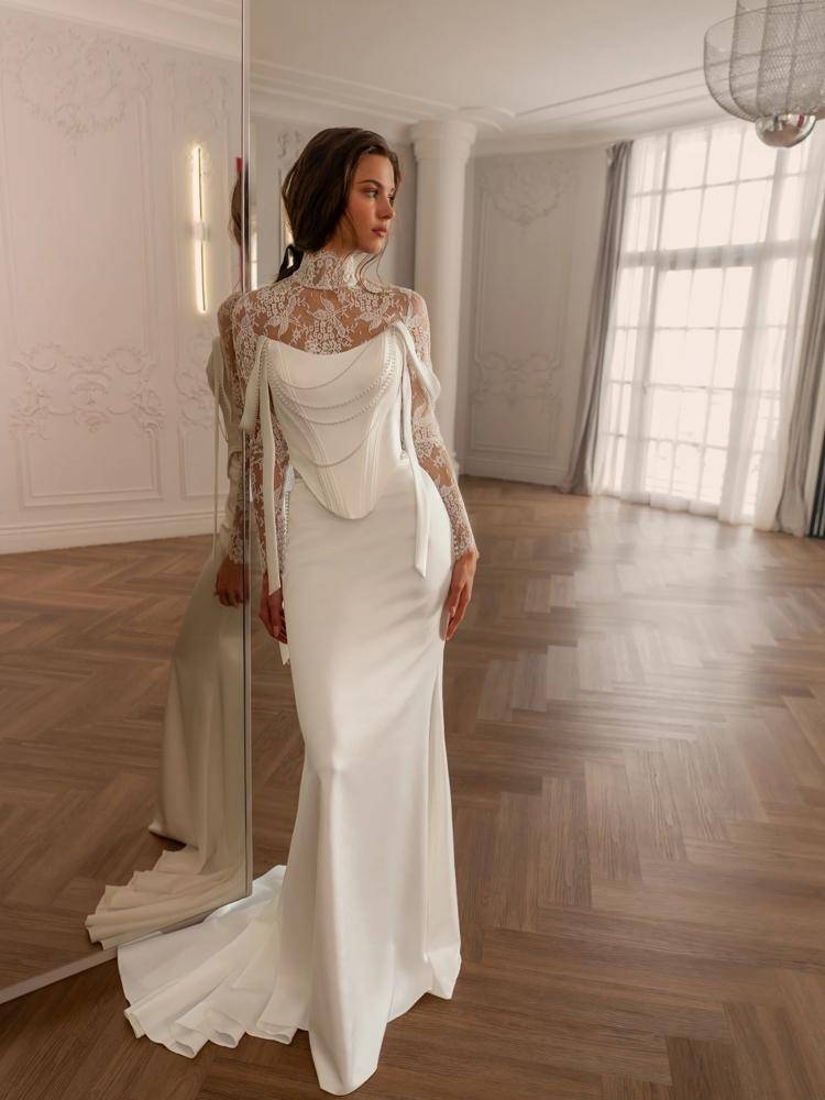 27 Satin Lace Pearl Wedding Dress Outfits Image