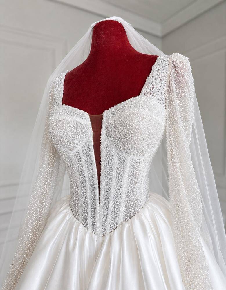 27 Satin Lace Pearl Wedding Dress Outfits Image