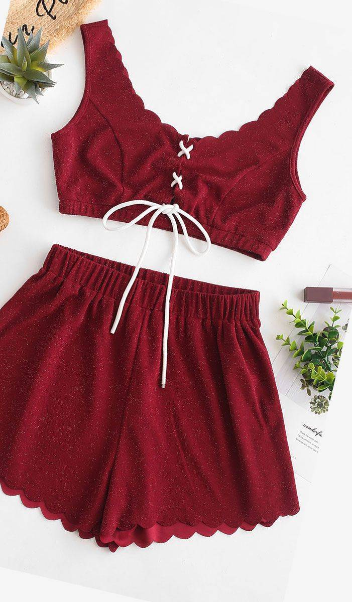 15 Burgundy Lace Trim Shorts Outfits Image